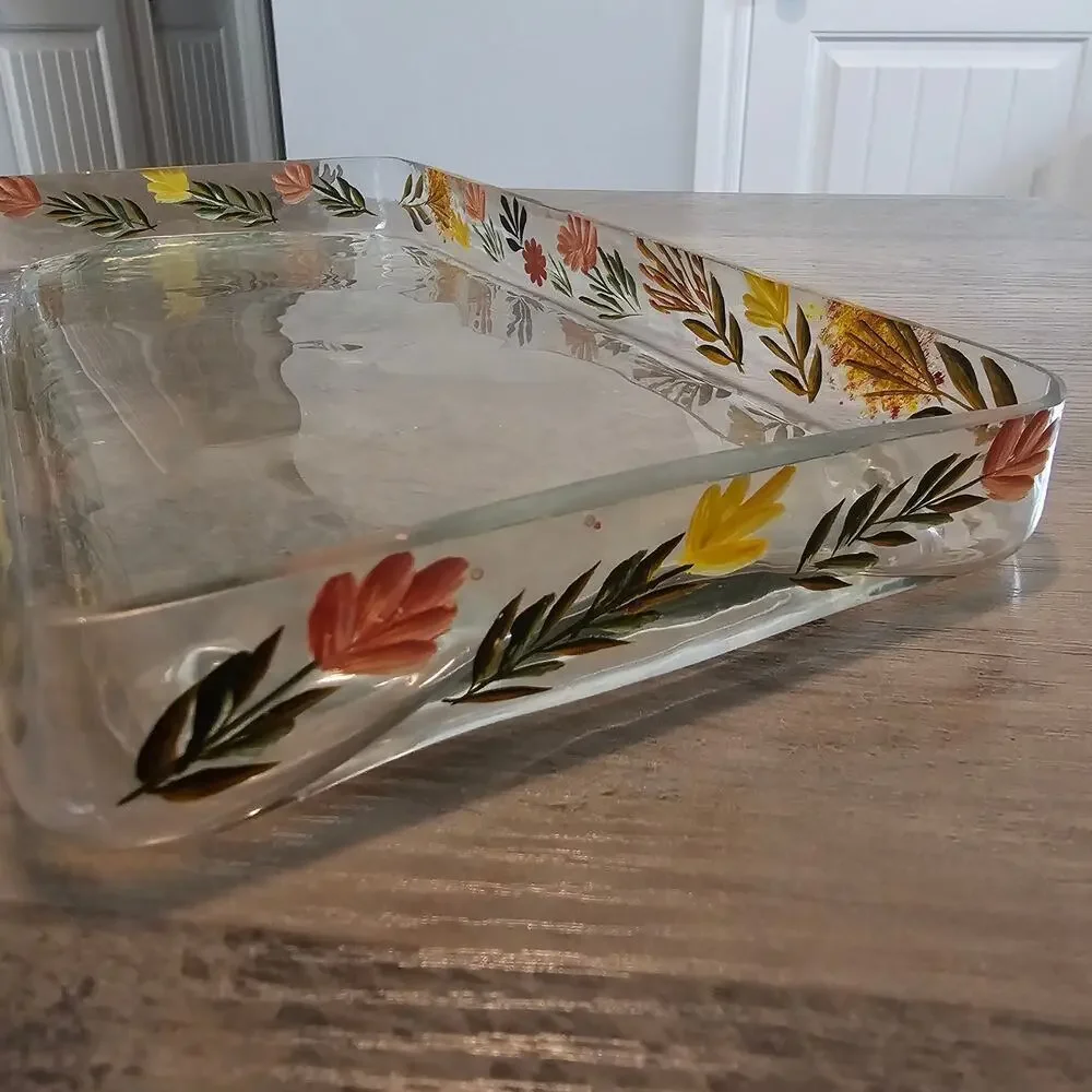 Vintage Hand Painted Glass Tray Floral Rectangle  Retro Cottage Trinket Holder